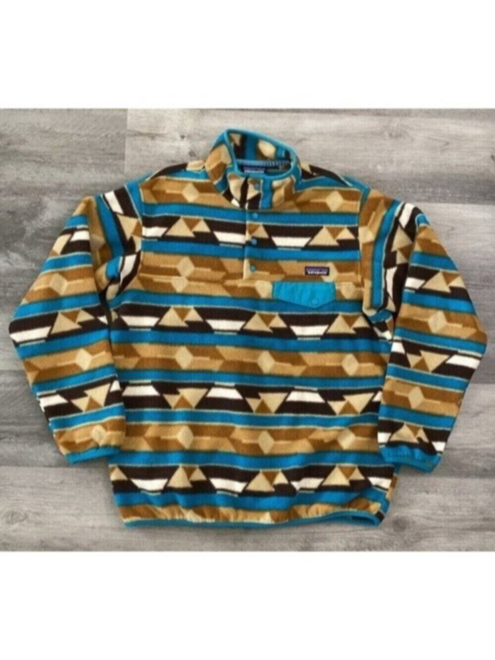 Patagonia Jacket Womens Large Blue Tan Guatemalan Tango Synchilla Snap T Fleece